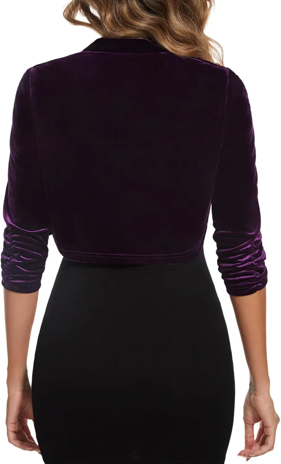MINTLIMIT Women's Velvet Bolero Shrug Top Ruched 3/4 Sleeve Open Front Cocktail Party Cropped Cardigan for Dress