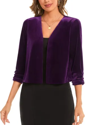 MINTLIMIT Women's Velvet Shrug Cropped Cardigan Ruched 3/4 Sleeve Open Front Cocktail Party Bolero Shrug Top for Dress