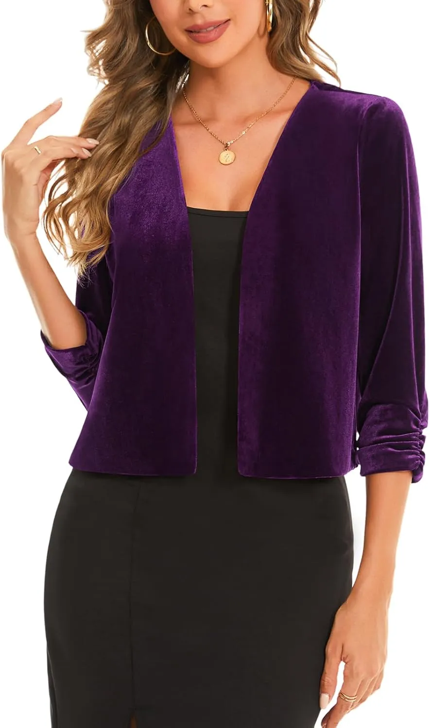 MINTLIMIT Women's Velvet Shrug Cropped Cardigan Ruched 3/4 Sleeve Open Front Cocktail Party Bolero Shrug Top for Dress