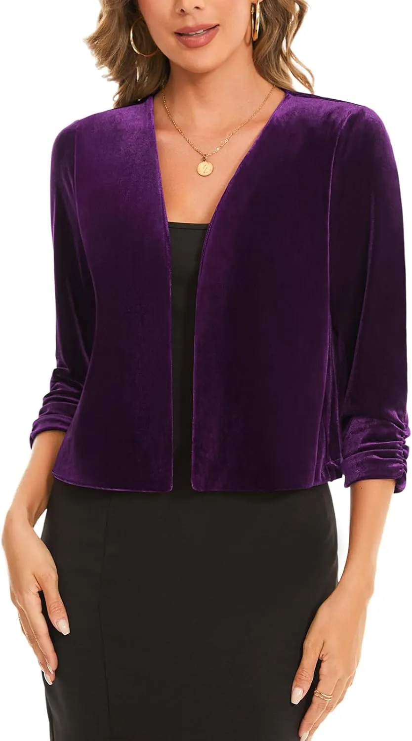 MINTLIMIT Women's Velvet Shrug Cropped Cardigan Ruched 3/4 Sleeve Open Front Cocktail Party Bolero Shrug Top for Dress