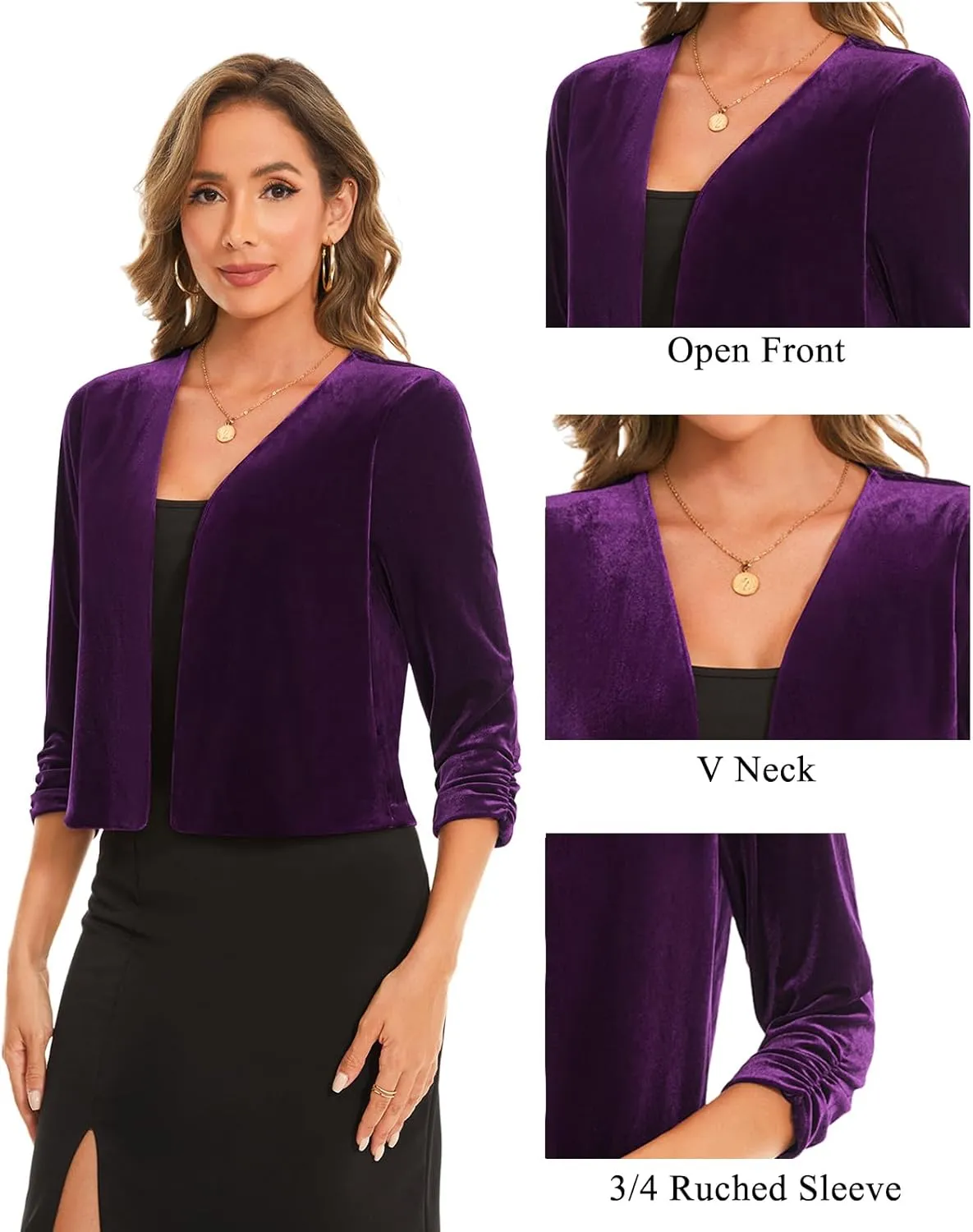 MINTLIMIT Women's Velvet Shrug Cropped Cardigan Ruched 3/4 Sleeve Open Front Cocktail Party Bolero Shrug Top for Dress