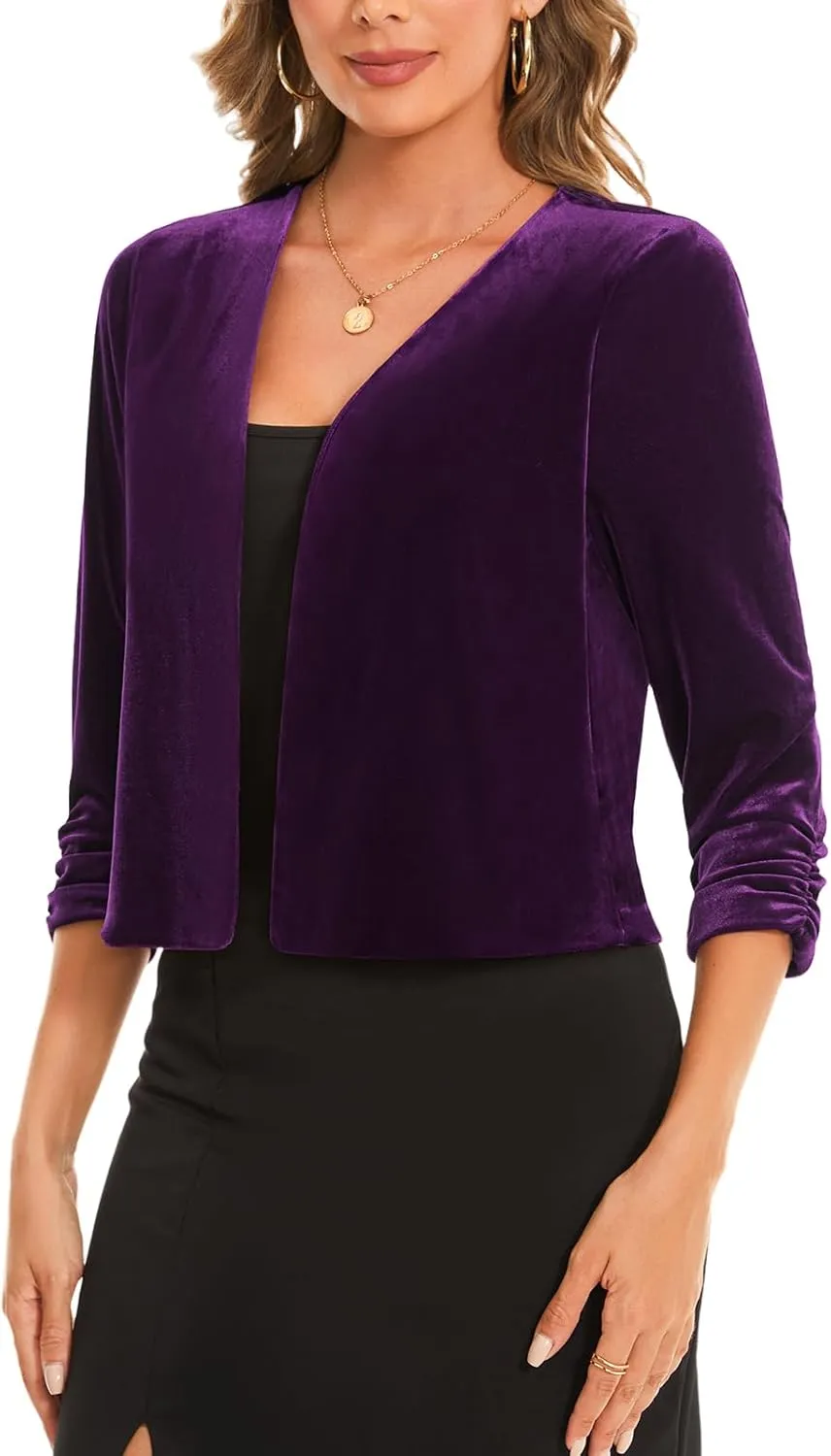 MINTLIMIT Women's Velvet Shrug Cropped Cardigan Ruched 3/4 Sleeve Open Front Cocktail Party Bolero Shrug Top for Dress