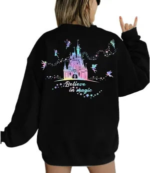 MYHALF Believe In The Magic Sweatshirt Women Crewneck Magic Pullover Shirt Family Vacation Castle Graphic Tops