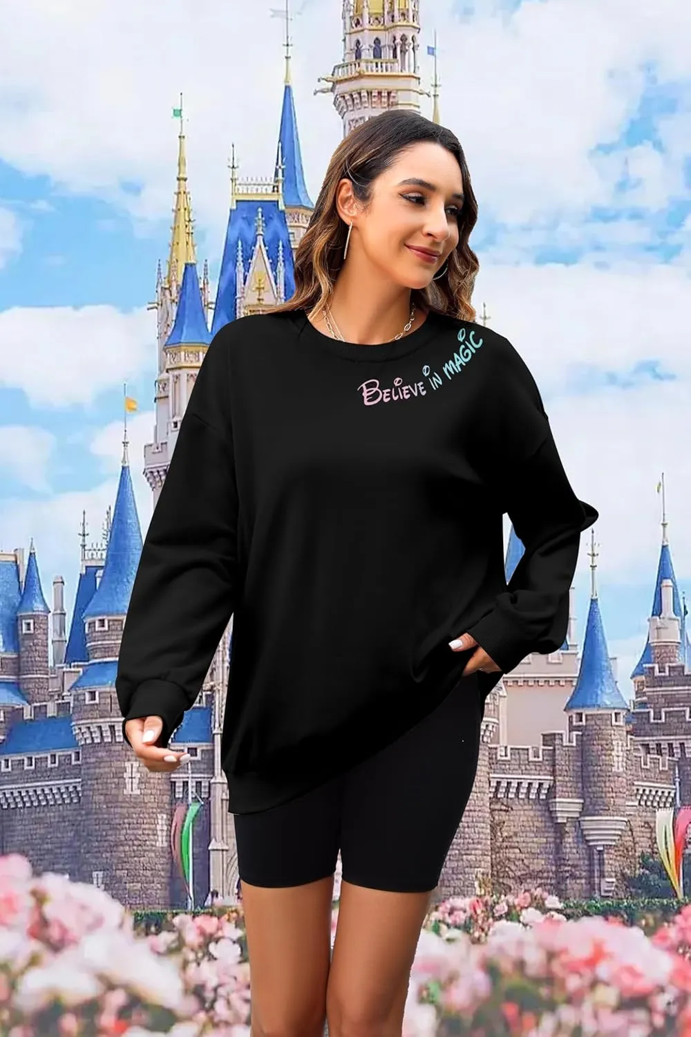 MYHALF Believe In The Magic Sweatshirt Women Crewneck Magic Pullover Shirt Family Vacation Castle Graphic Tops