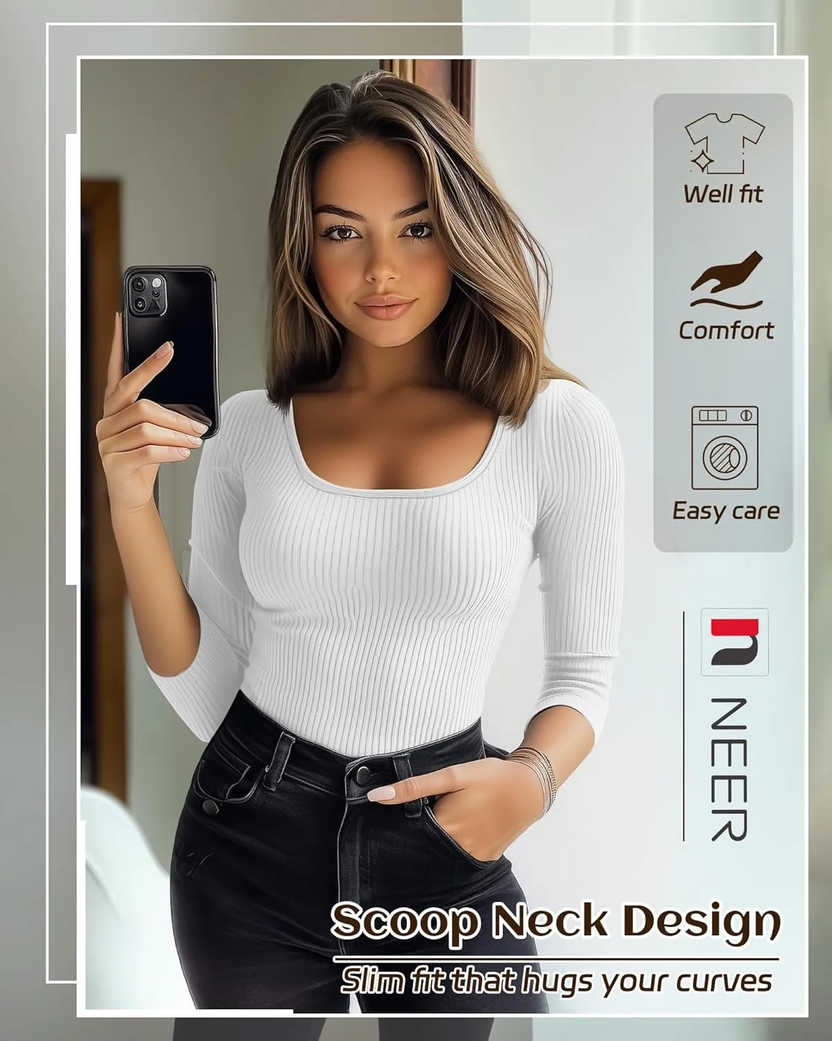 Neer 3 Pack 3/4 Sleeve Tops for Women, Cotton Scoop Neck Ribbed Three Quarter Sleeve Summer Slim T-Shirts Casual Basic Tees