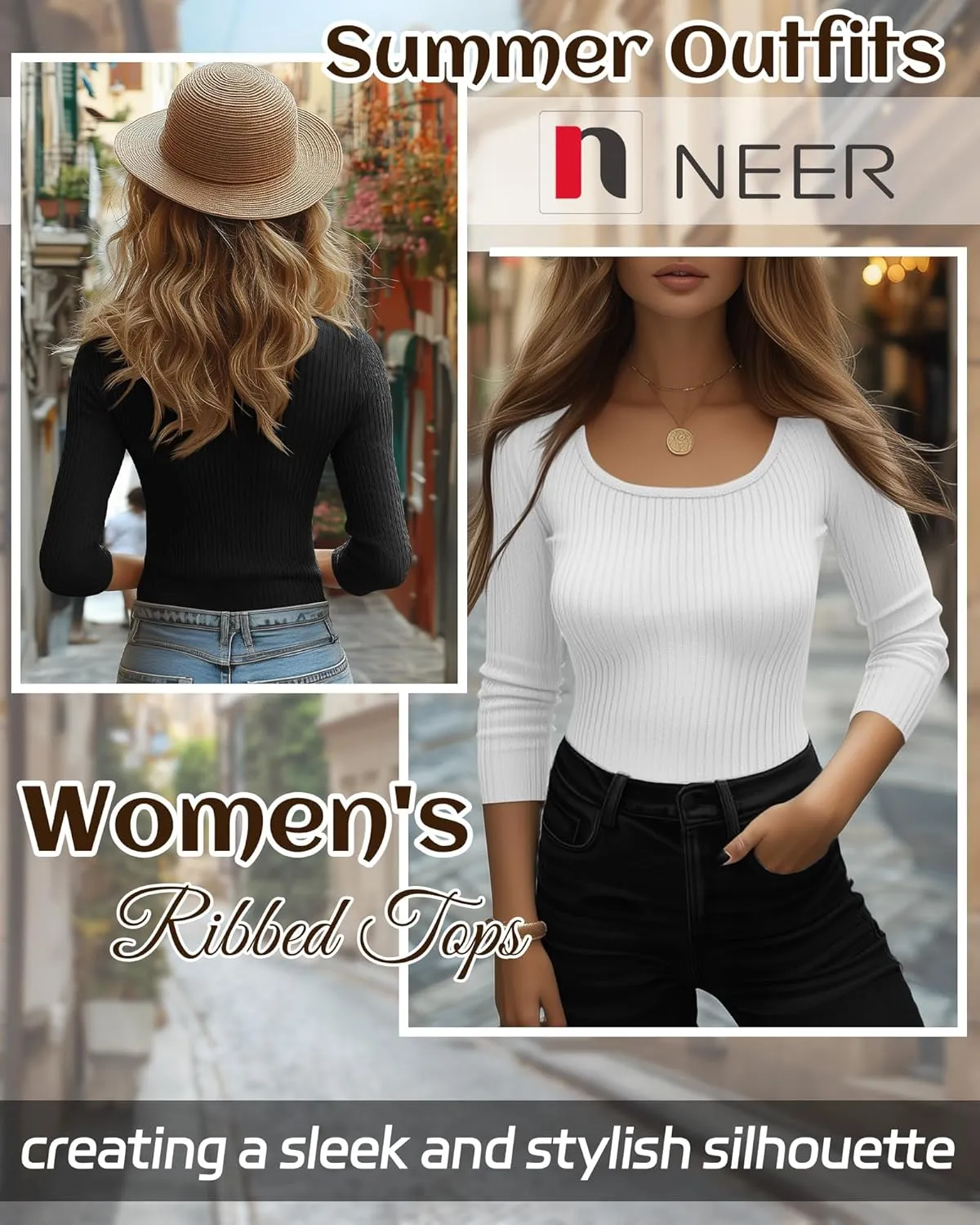 Neer 3 Pack 3/4 Sleeve Tops for Women, Cotton Scoop Neck Ribbed Three Quarter Sleeve Summer Slim T-Shirts Casual Basic Tees