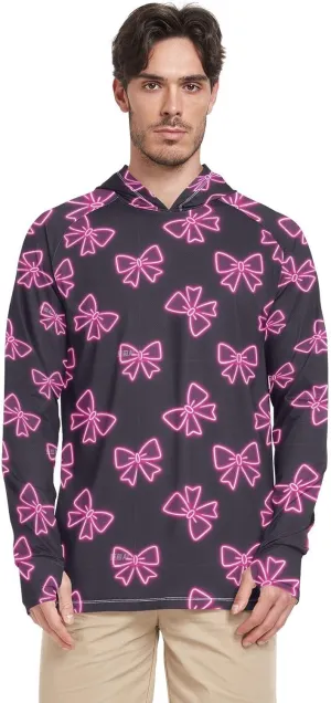 Neon Pink Fluorescent Bow Mens Sun Shirts Protection Long Sleeve Sun Shirt With Hood UPF 50  Quick-Dry Men Rash Guards Swim Shirt ropa de pesca para hombre