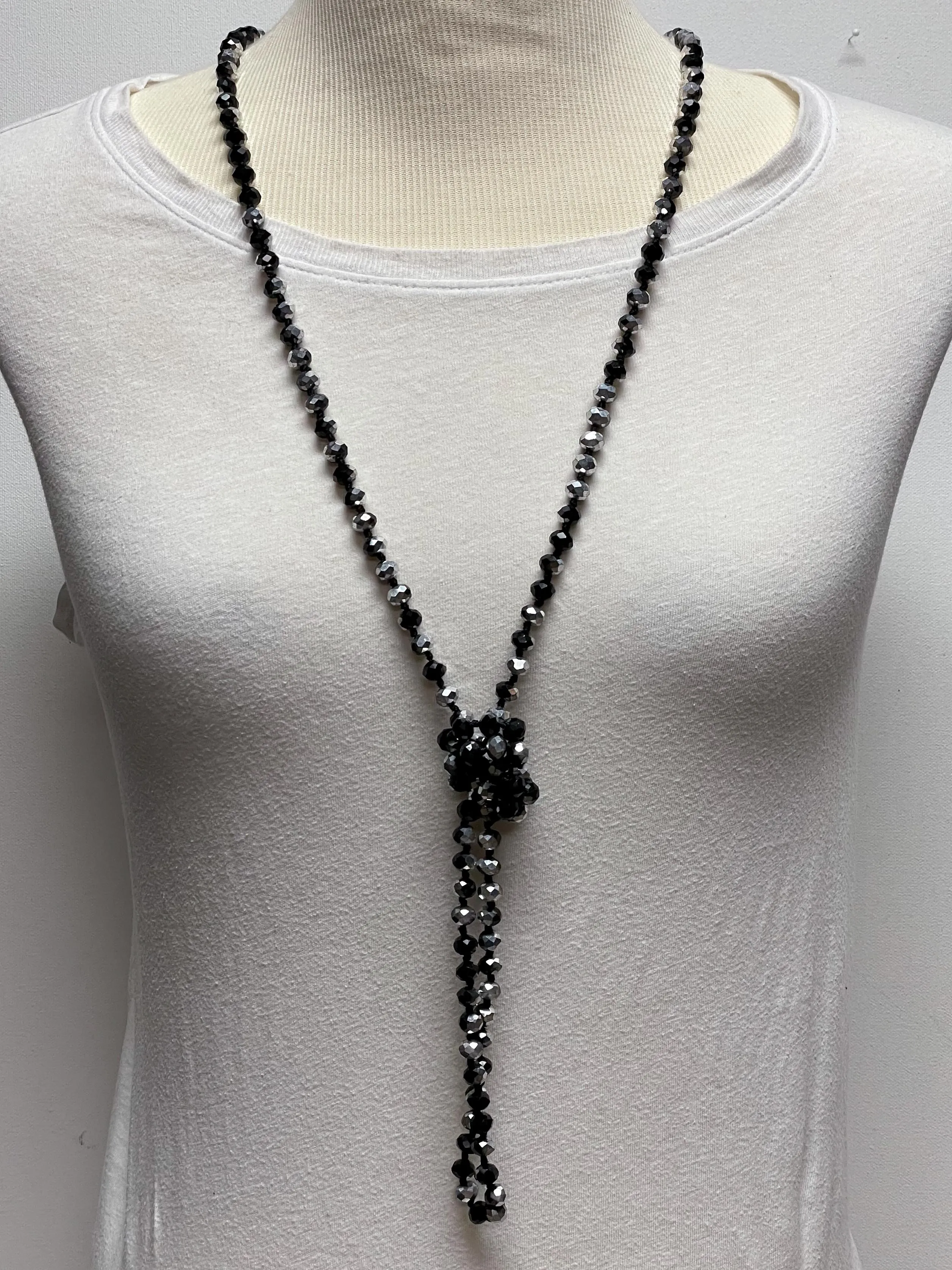 NK-2244 BLACK SILVER 60 hand knotted glass bead necklace
