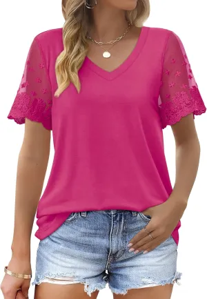 OFEEFAN Casual V Neck T Shirts for Women Lace Short Sleeve Curved Hem Tops Loose Fit