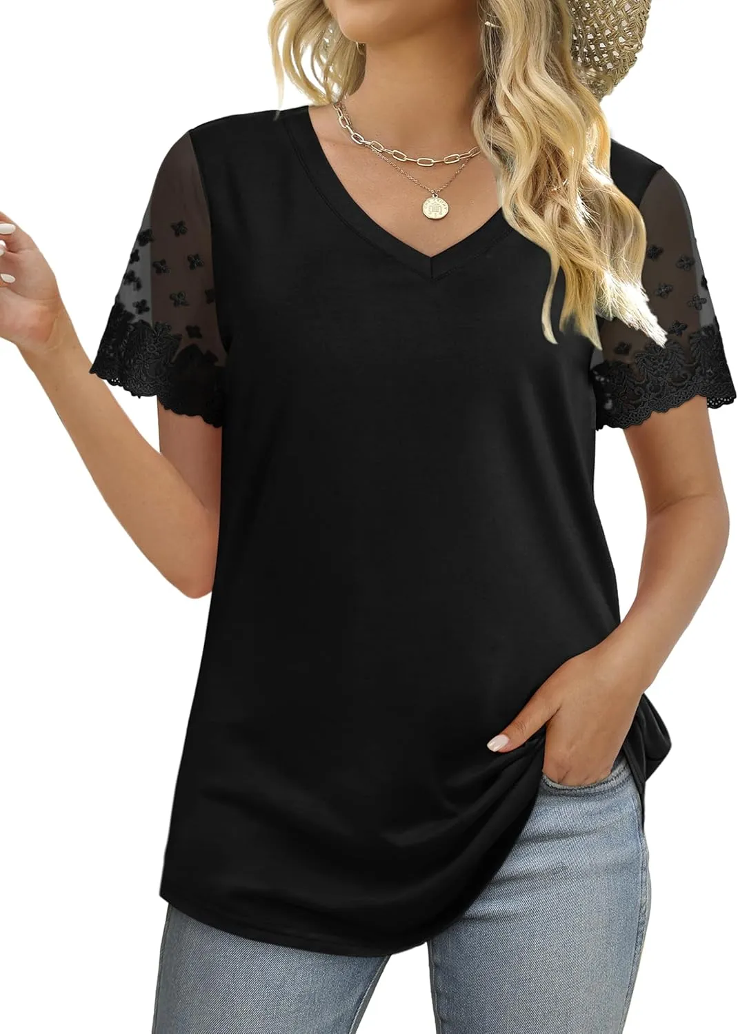 OFEEFAN Casual V Neck T Shirts for Women Lace Short Sleeve Curved Hem Tops Loose Fit