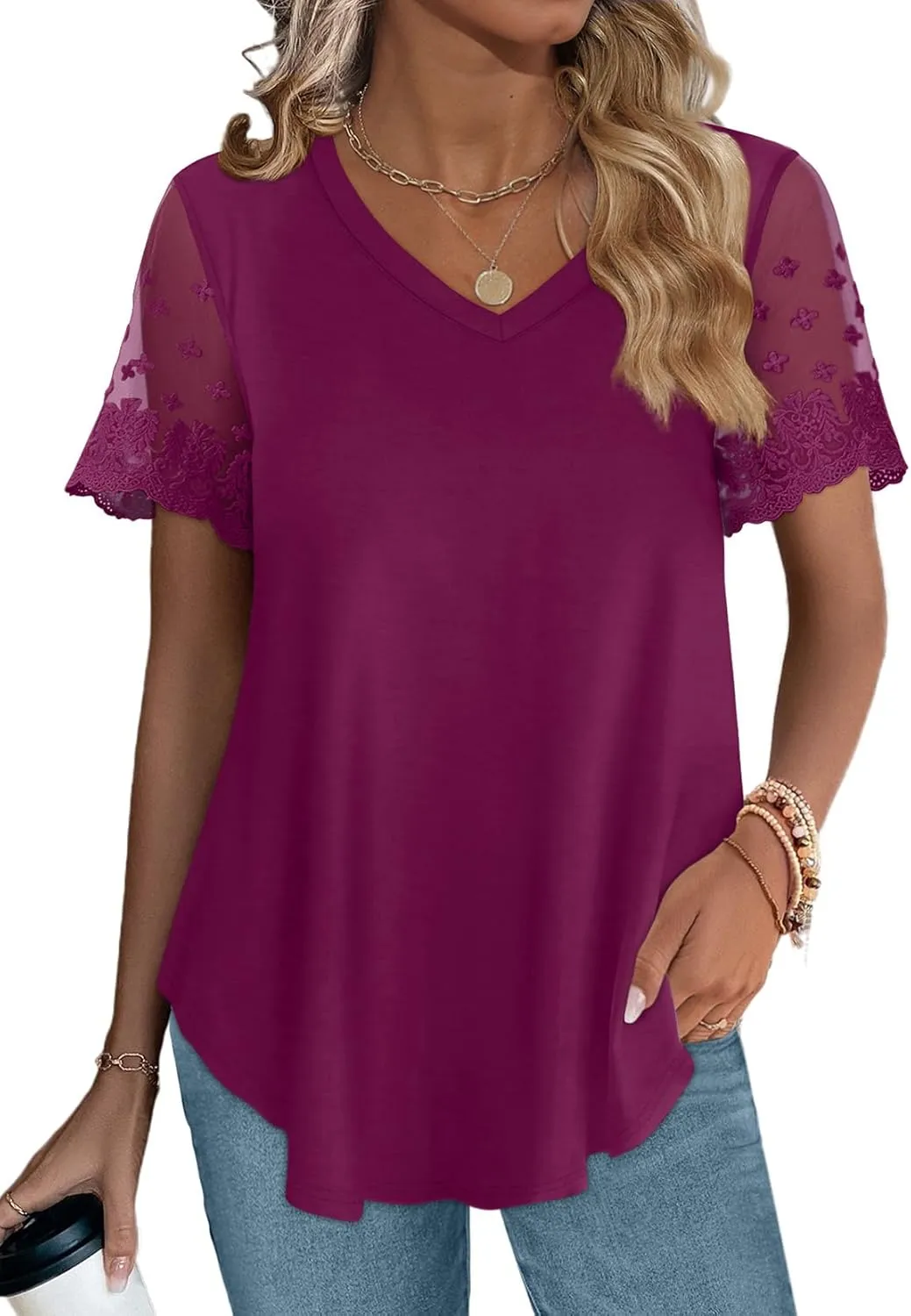 OFEEFAN Casual V Neck T Shirts for Women Lace Short Sleeve Curved Hem Tops Loose Fit