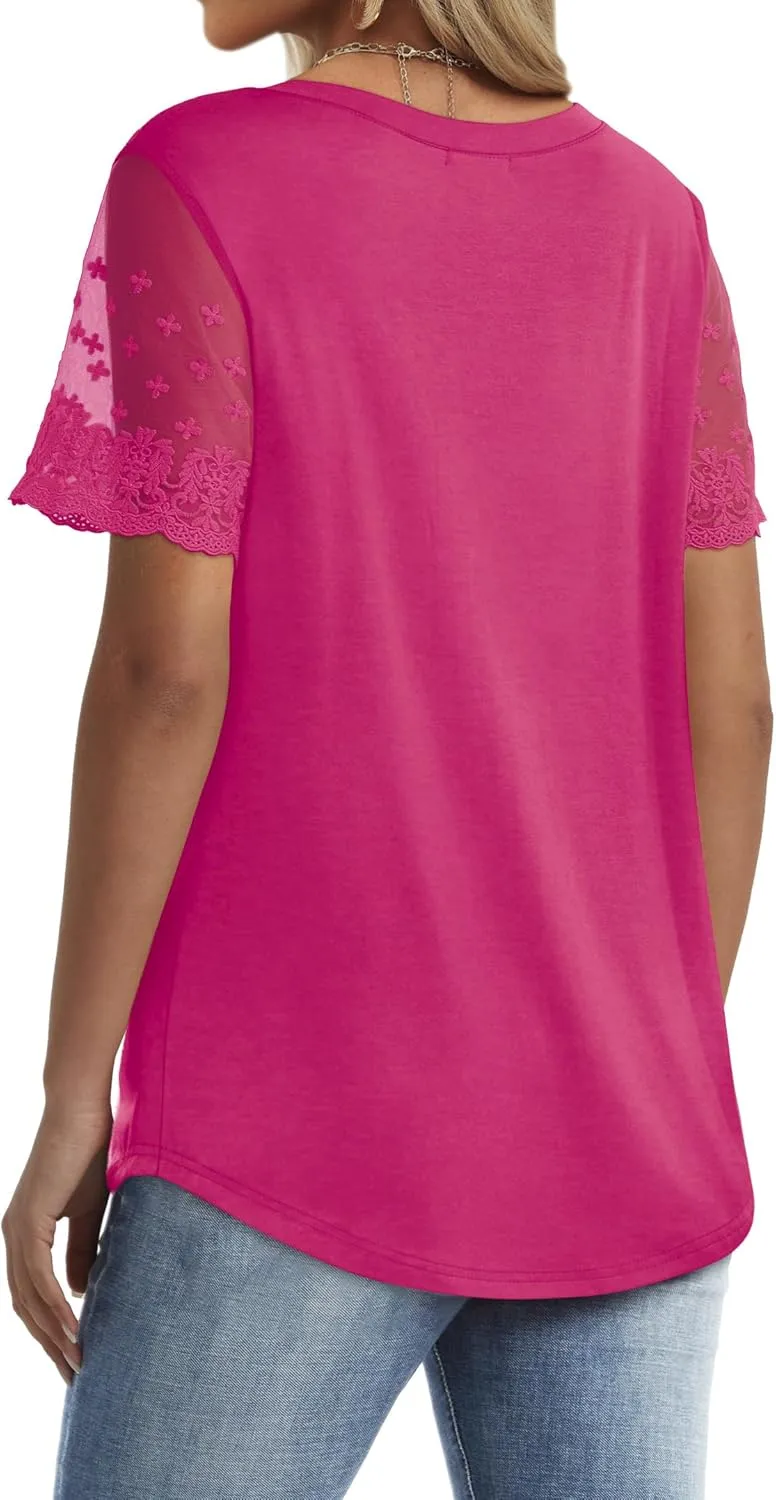 OFEEFAN Casual V Neck T Shirts for Women Lace Short Sleeve Curved Hem Tops Loose Fit