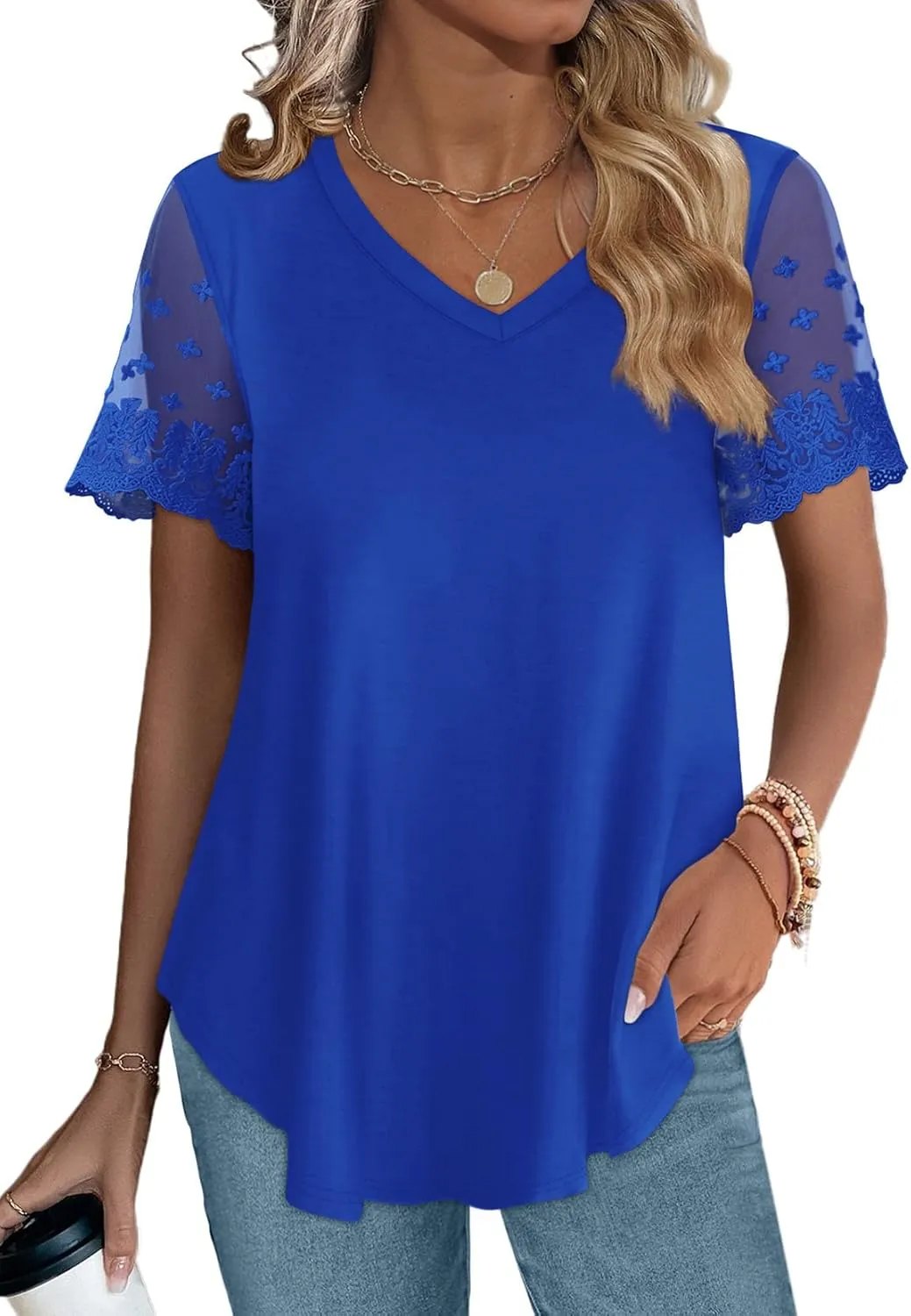 OFEEFAN Casual V Neck T Shirts for Women Lace Short Sleeve Curved Hem Tops Loose Fit