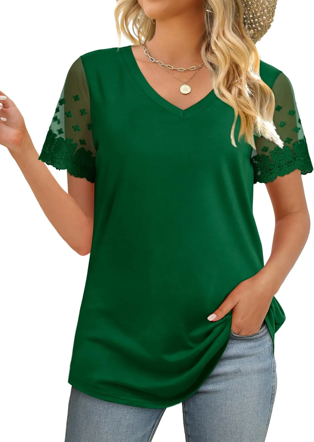 OFEEFAN Casual V Neck T Shirts for Women Lace Short Sleeve Curved Hem Tops Loose Fit