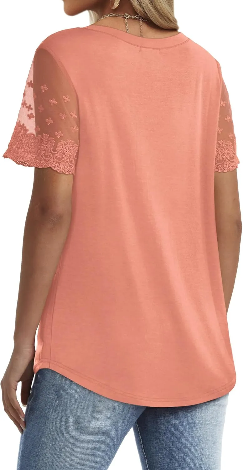 OFEEFAN Casual V Neck T Shirts for Women Lace Short Sleeve Curved Hem Tops Loose Fit