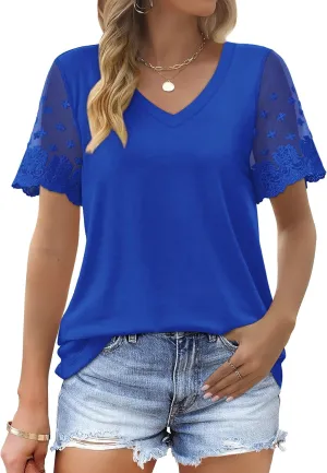 OFEEFAN Casual V Neck T Shirts for Women Lace Short Sleeve Curved Hem Tops Loose Fit