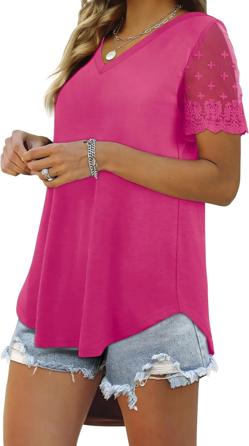 OFEEFAN Casual V Neck T Shirts for Women Lace Short Sleeve Curved Hem Tops Loose Fit