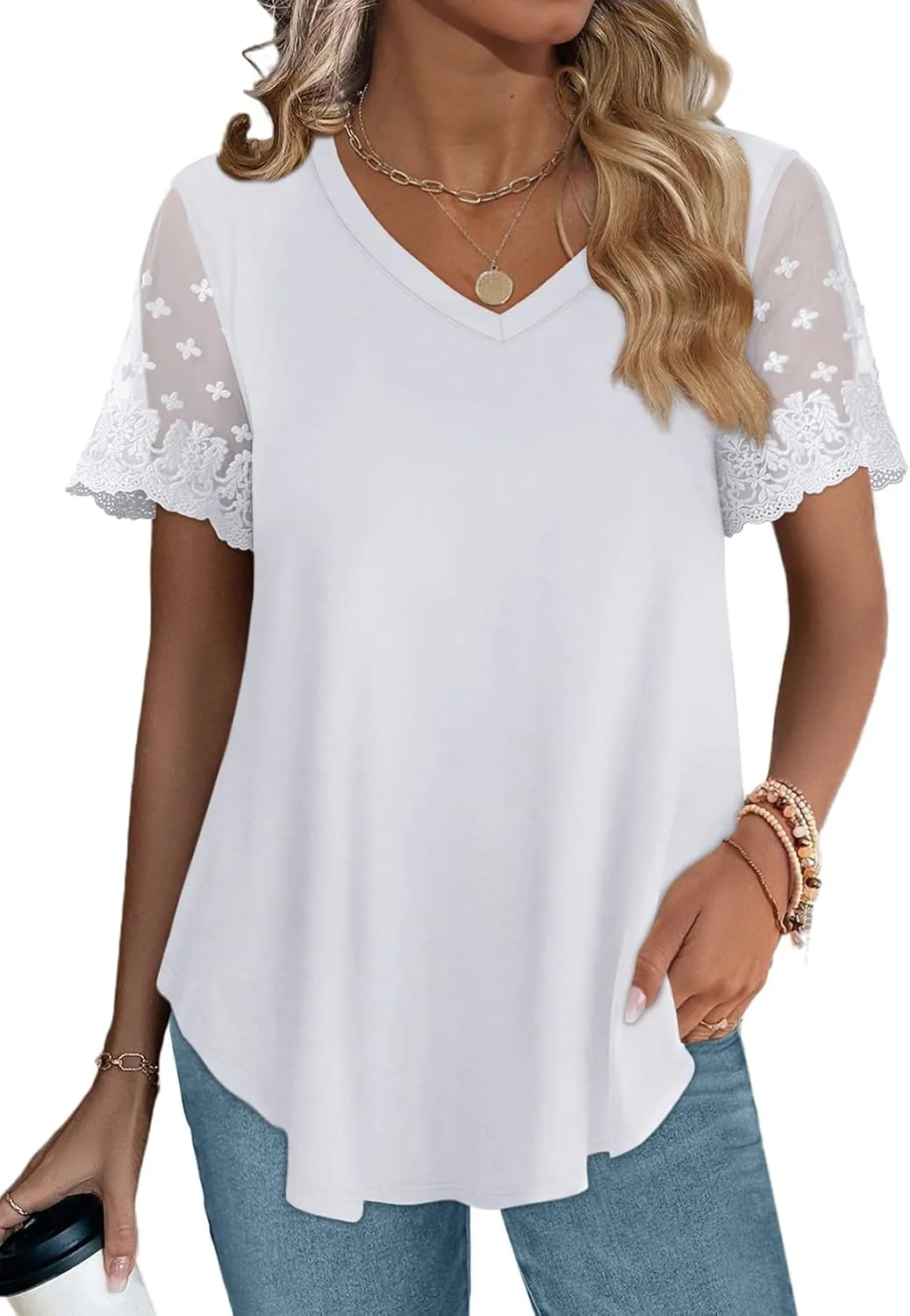 OFEEFAN Casual V Neck T Shirts for Women Lace Short Sleeve Curved Hem Tops Loose Fit