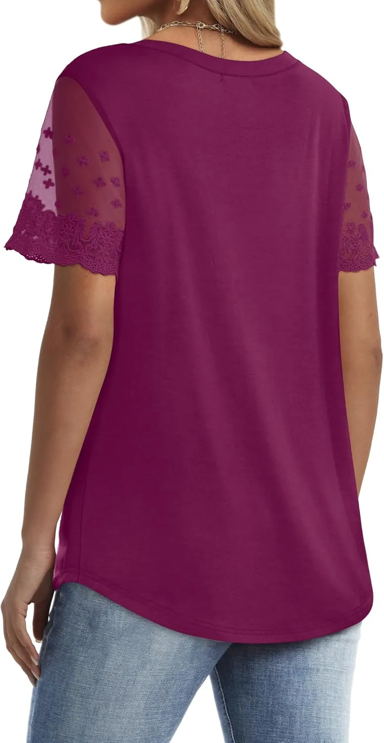 OFEEFAN Casual V Neck T Shirts for Women Lace Short Sleeve Curved Hem Tops Loose Fit