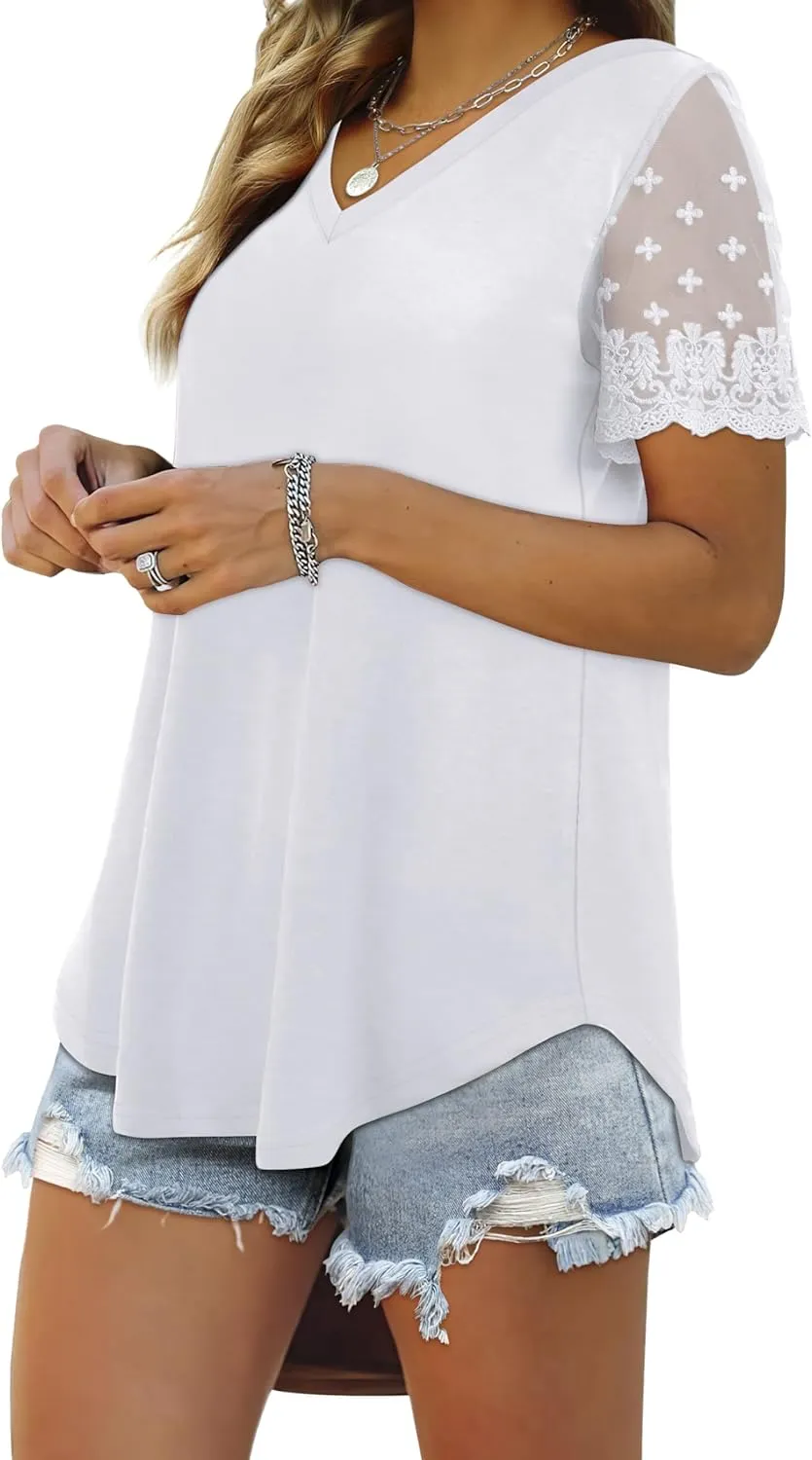 OFEEFAN Casual V Neck T Shirts for Women Lace Short Sleeve Curved Hem Tops Loose Fit