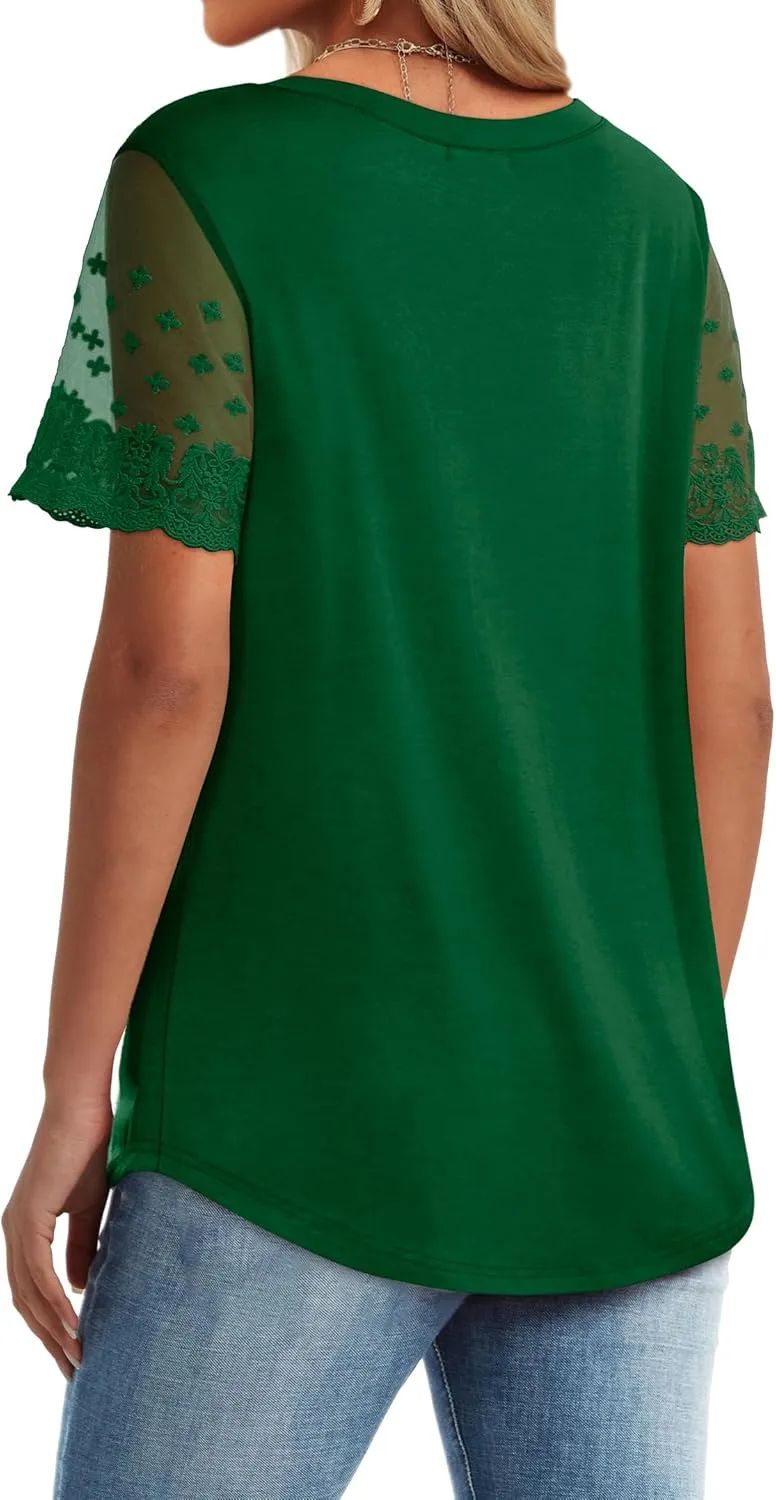 OFEEFAN Casual V Neck T Shirts for Women Lace Short Sleeve Curved Hem Tops Loose Fit