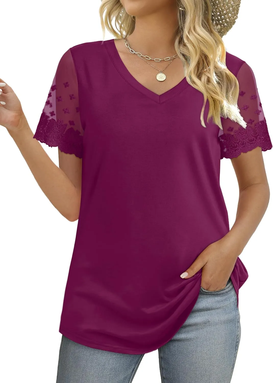 OFEEFAN Casual V Neck T Shirts for Women Lace Short Sleeve Curved Hem Tops Loose Fit