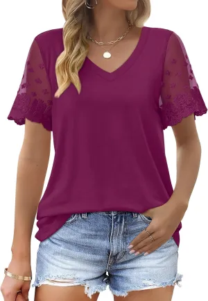 OFEEFAN Casual V Neck T Shirts for Women Lace Short Sleeve Curved Hem Tops Loose Fit