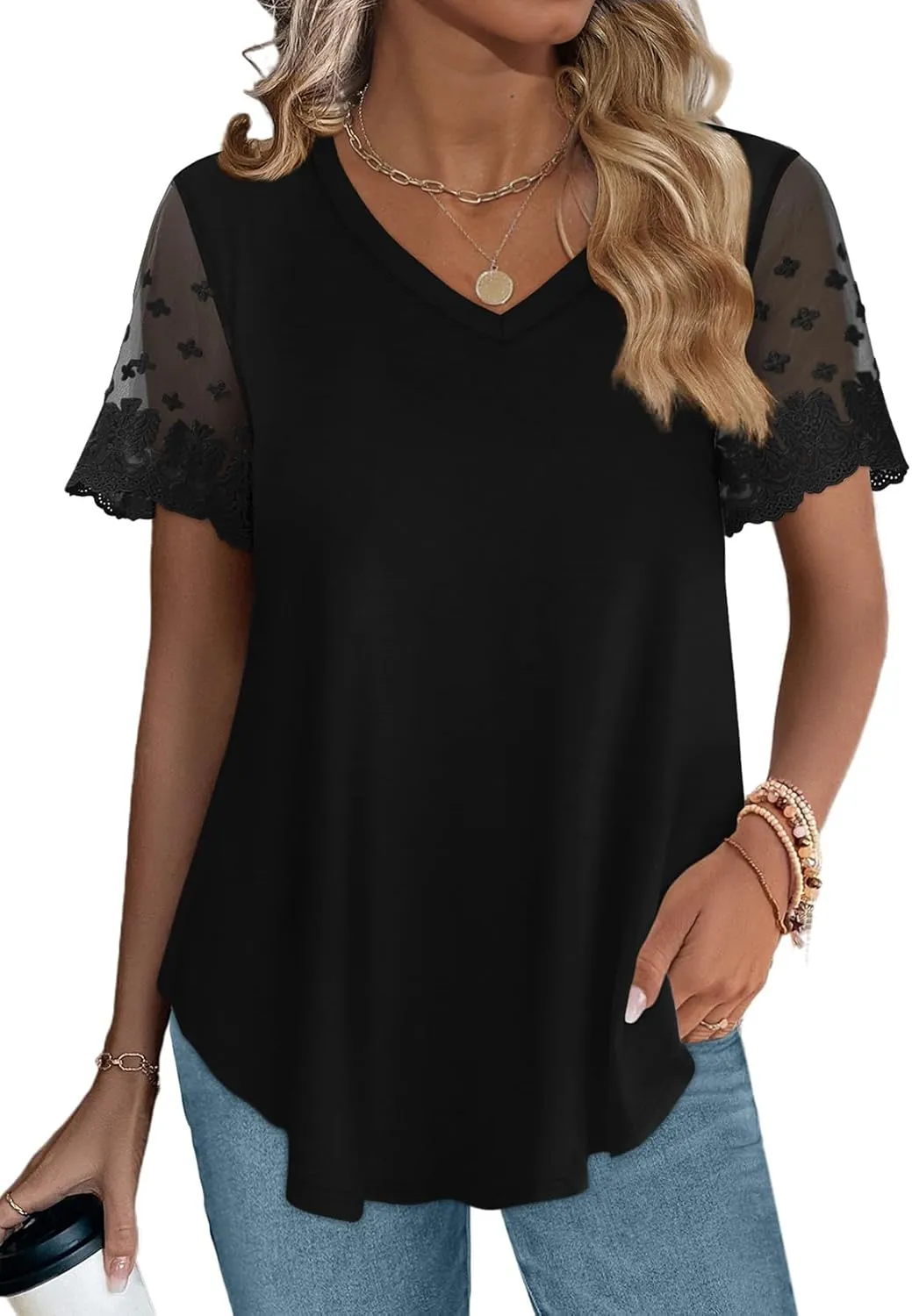 OFEEFAN Casual V Neck T Shirts for Women Lace Short Sleeve Curved Hem Tops Loose Fit