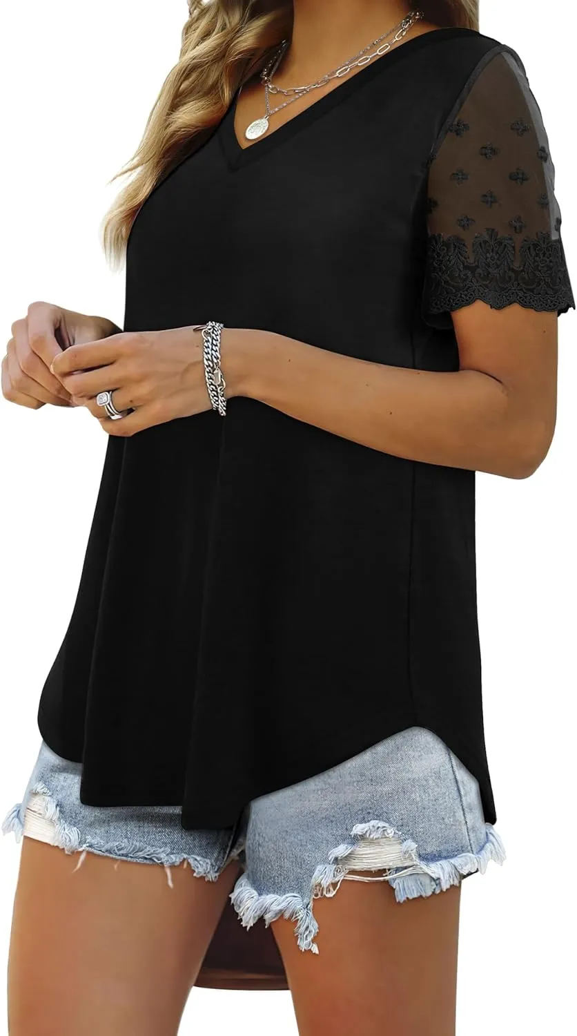 OFEEFAN Casual V Neck T Shirts for Women Lace Short Sleeve Curved Hem Tops Loose Fit
