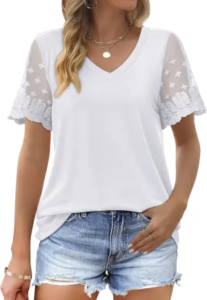 OFEEFAN Casual V Neck T Shirts for Women Lace Short Sleeve Curved Hem Tops Loose Fit