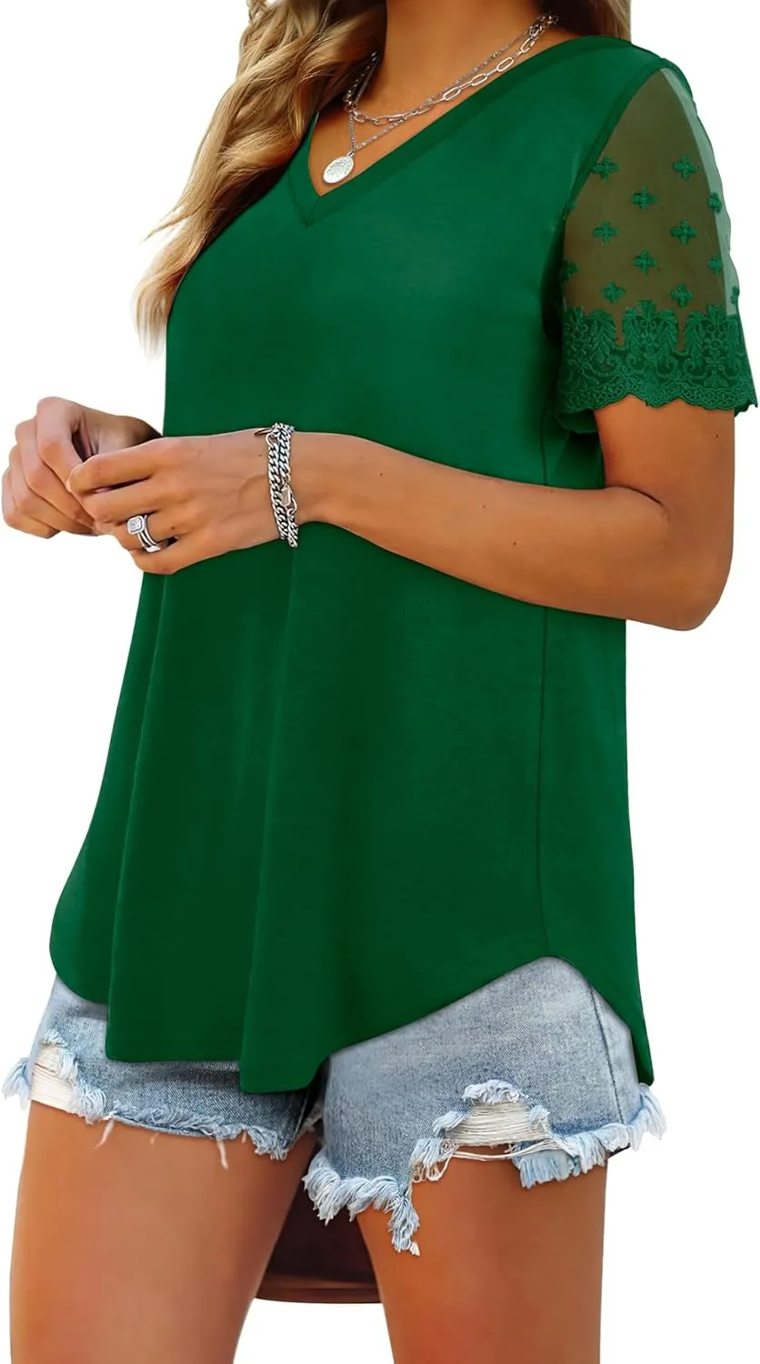 OFEEFAN Casual V Neck T Shirts for Women Lace Short Sleeve Curved Hem Tops Loose Fit