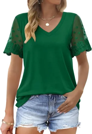OFEEFAN Casual V Neck T Shirts for Women Lace Short Sleeve Curved Hem Tops Loose Fit