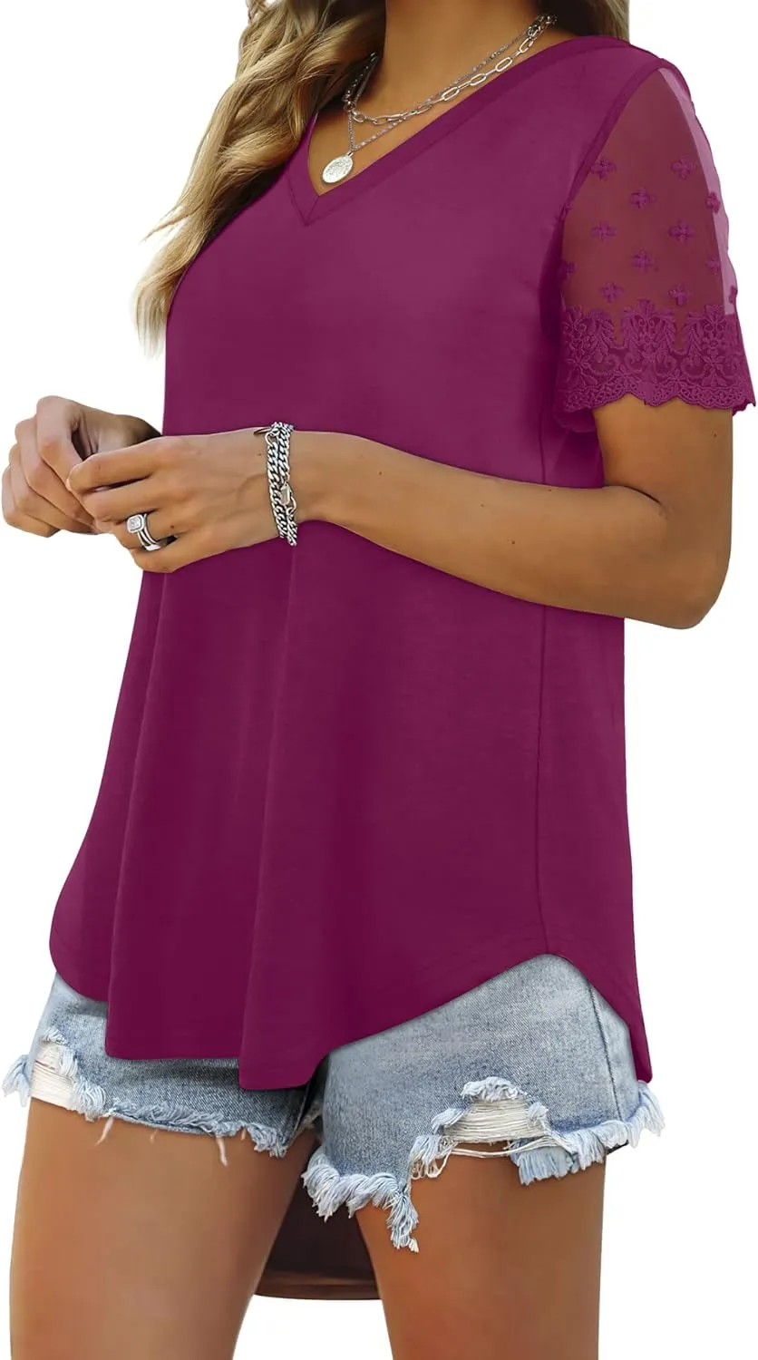 OFEEFAN Casual V Neck T Shirts for Women Lace Short Sleeve Curved Hem Tops Loose Fit