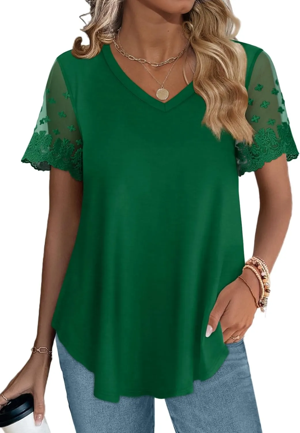 OFEEFAN Casual V Neck T Shirts for Women Lace Short Sleeve Curved Hem Tops Loose Fit
