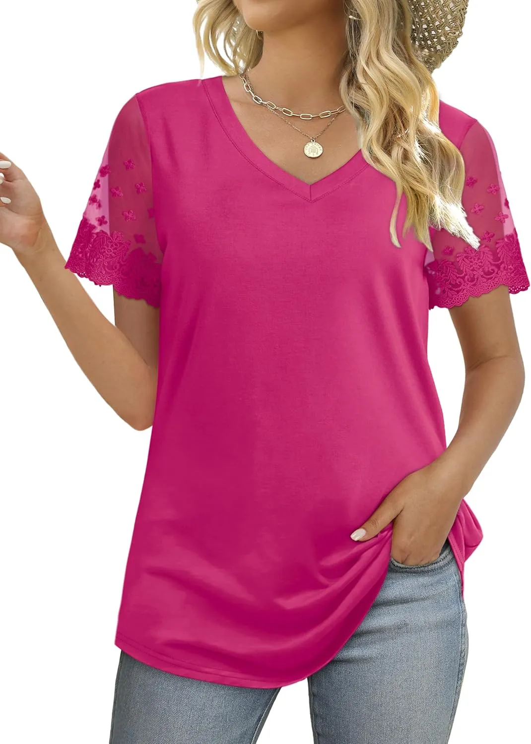 OFEEFAN Casual V Neck T Shirts for Women Lace Short Sleeve Curved Hem Tops Loose Fit