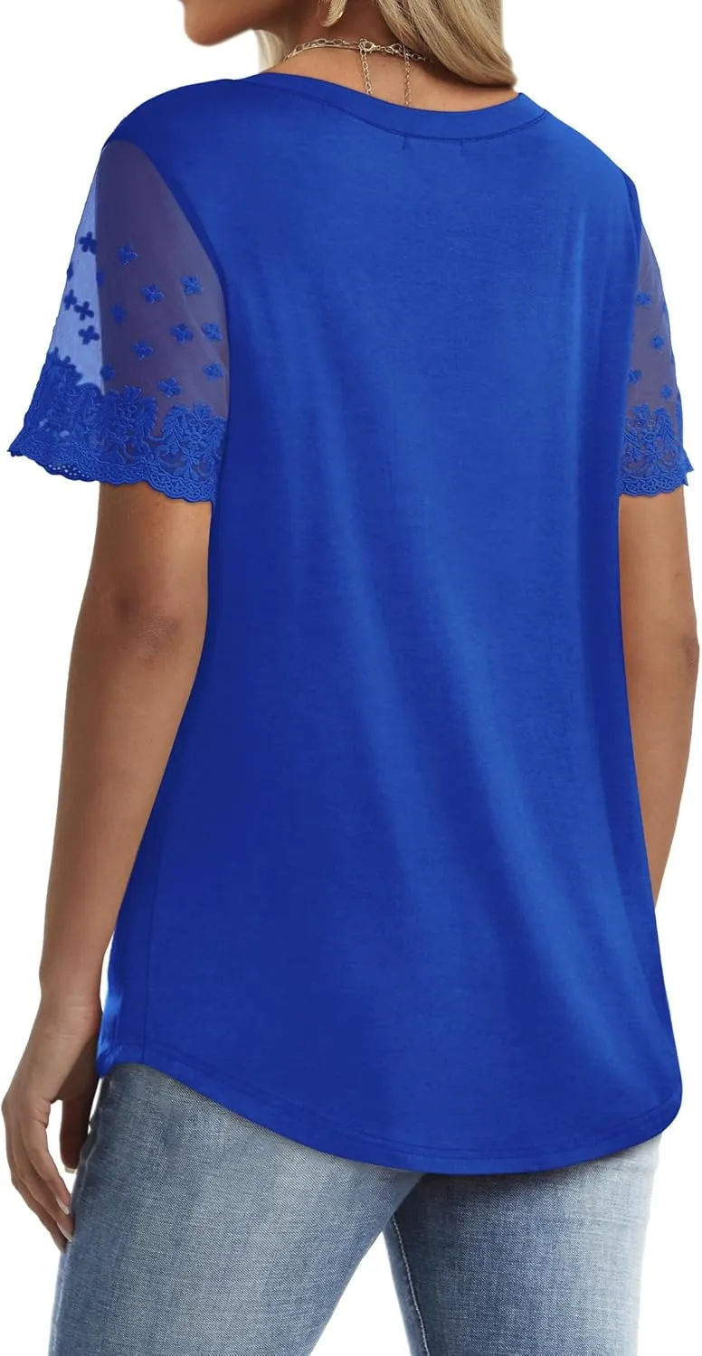 OFEEFAN Casual V Neck T Shirts for Women Lace Short Sleeve Curved Hem Tops Loose Fit