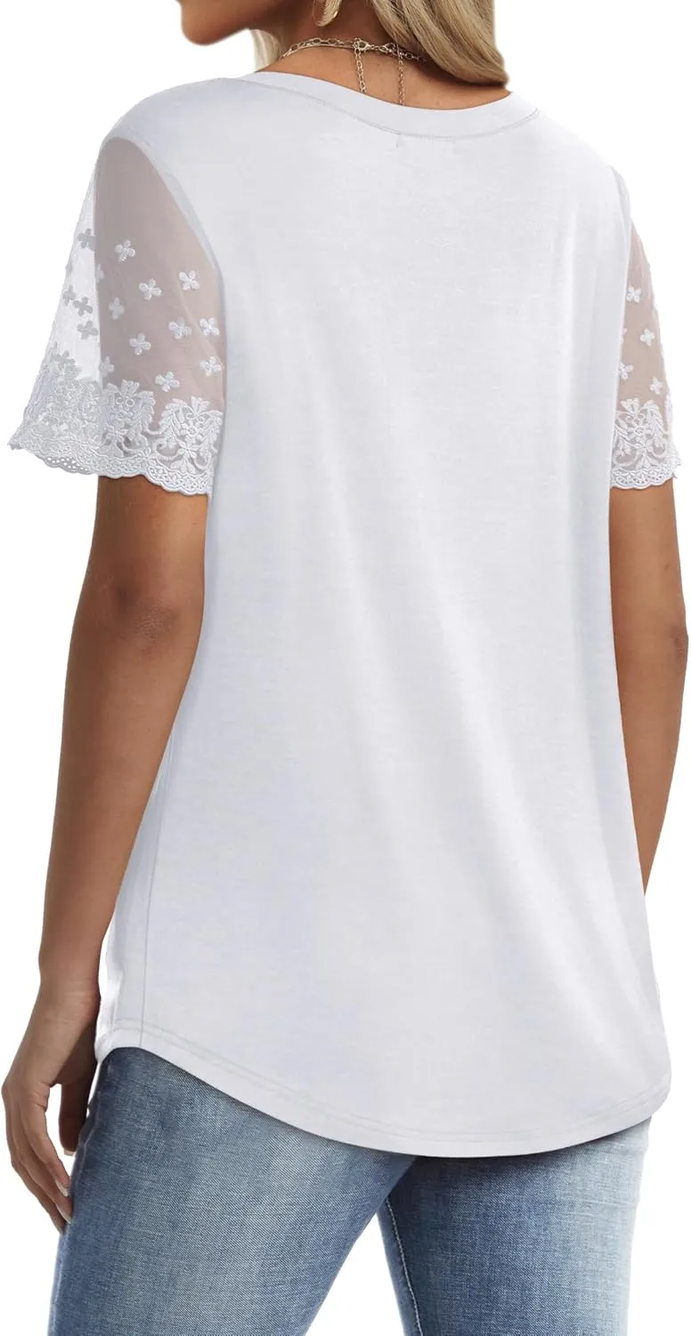 OFEEFAN Casual V Neck T Shirts for Women Lace Short Sleeve Curved Hem Tops Loose Fit