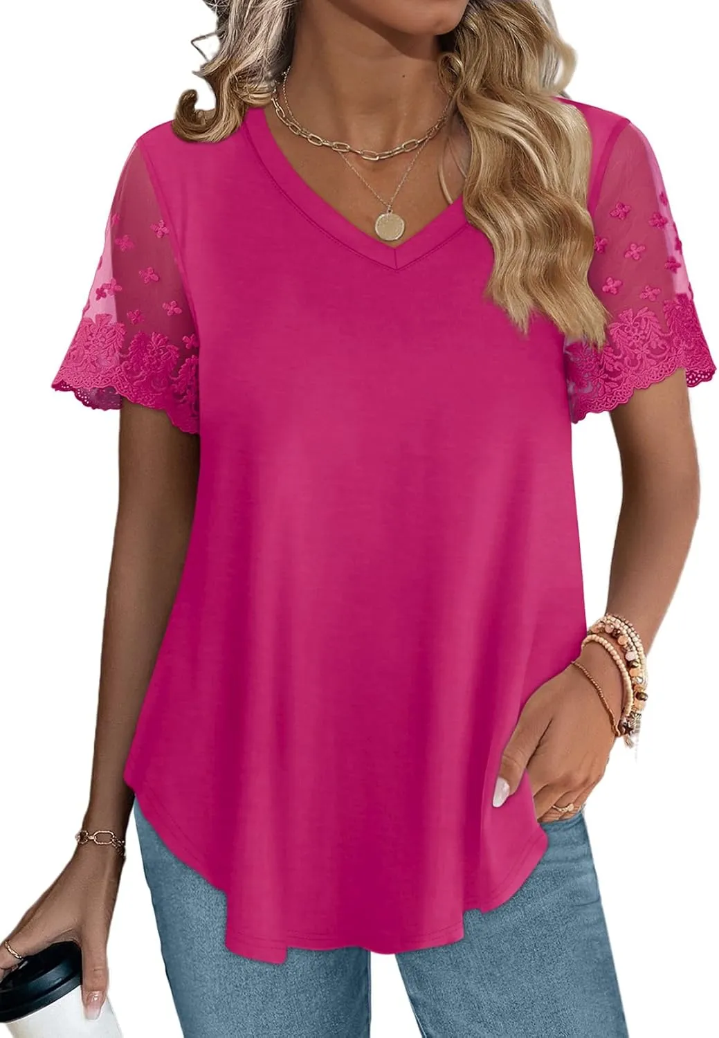OFEEFAN Casual V Neck T Shirts for Women Lace Short Sleeve Curved Hem Tops Loose Fit