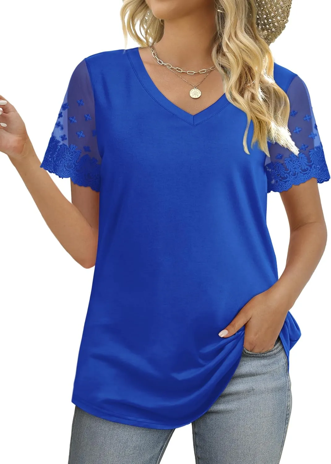 OFEEFAN Casual V Neck T Shirts for Women Lace Short Sleeve Curved Hem Tops Loose Fit