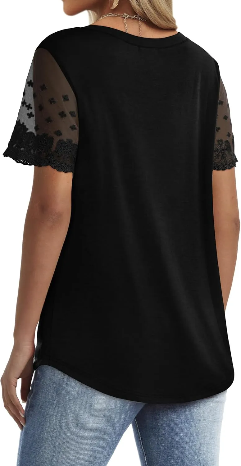 OFEEFAN Casual V Neck T Shirts for Women Lace Short Sleeve Curved Hem Tops Loose Fit