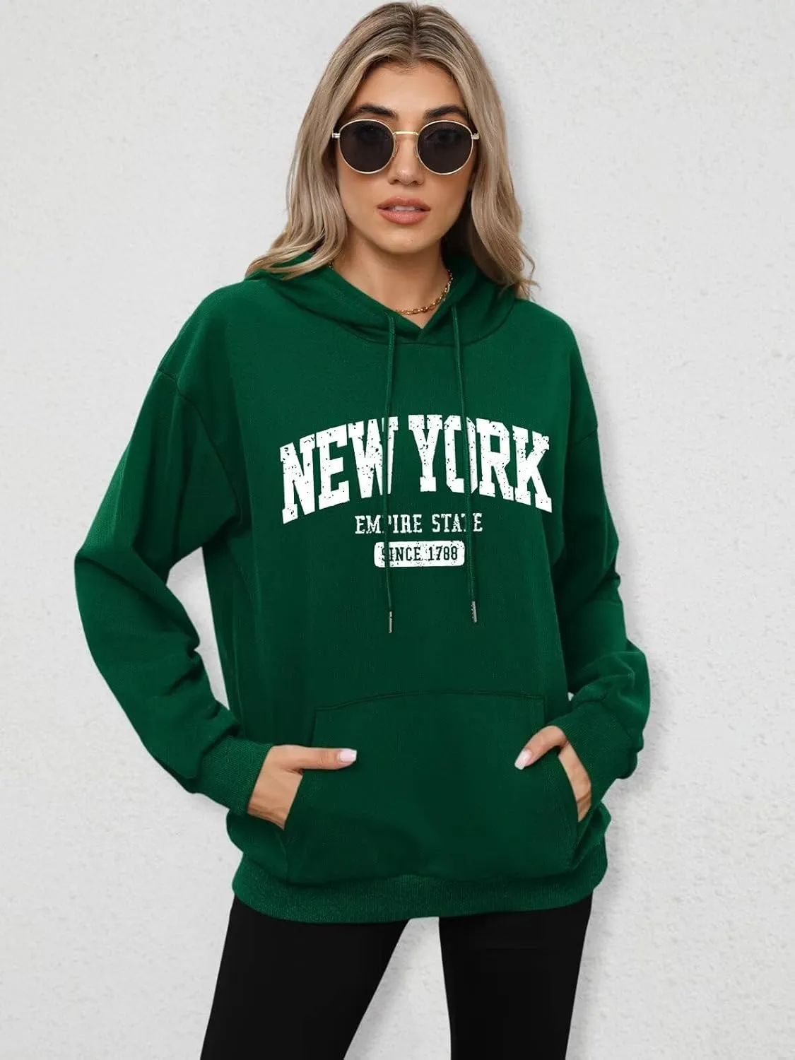 ORANDESIGNE Letter Graphic Print Hoodies for Women Oversized Long Sleeve Casual Drawstring Fall Pullover Sweatshirt Tops