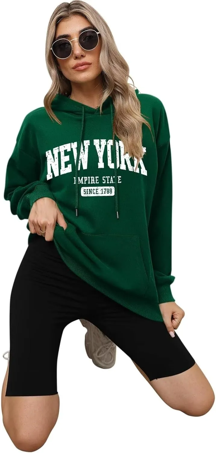 ORANDESIGNE Letter Graphic Print Hoodies for Women Oversized Long Sleeve Casual Drawstring Fall Pullover Sweatshirt Tops