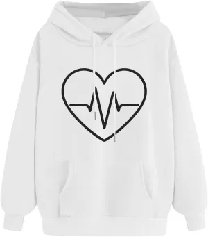 Oversized Hoodies For Women Casual Heart Print Long Sleeve Pullover Sweatshirts Loose Fit Tops With Pockets