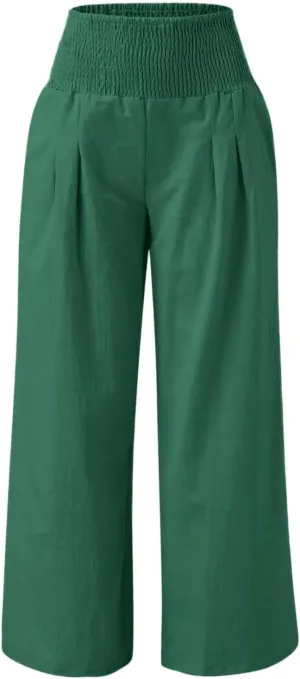 Palazzo Pants Womens Casual Linen High Waist Pants Drawstring Loose Fit Summer Pants Trousers with Side Pockets