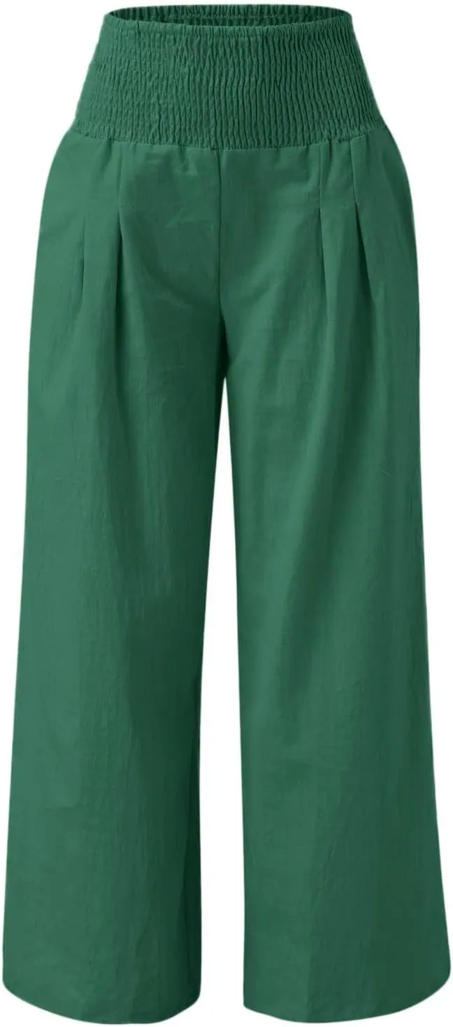 Palazzo Pants Womens Casual Linen High Waist Pants Drawstring Loose Fit Summer Pants Trousers with Side Pockets