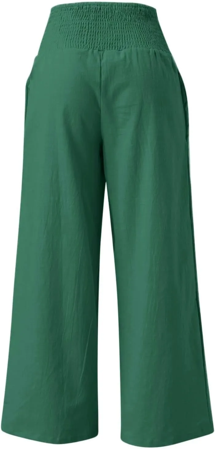 Palazzo Pants Womens Casual Linen High Waist Pants Drawstring Loose Fit Summer Pants Trousers with Side Pockets