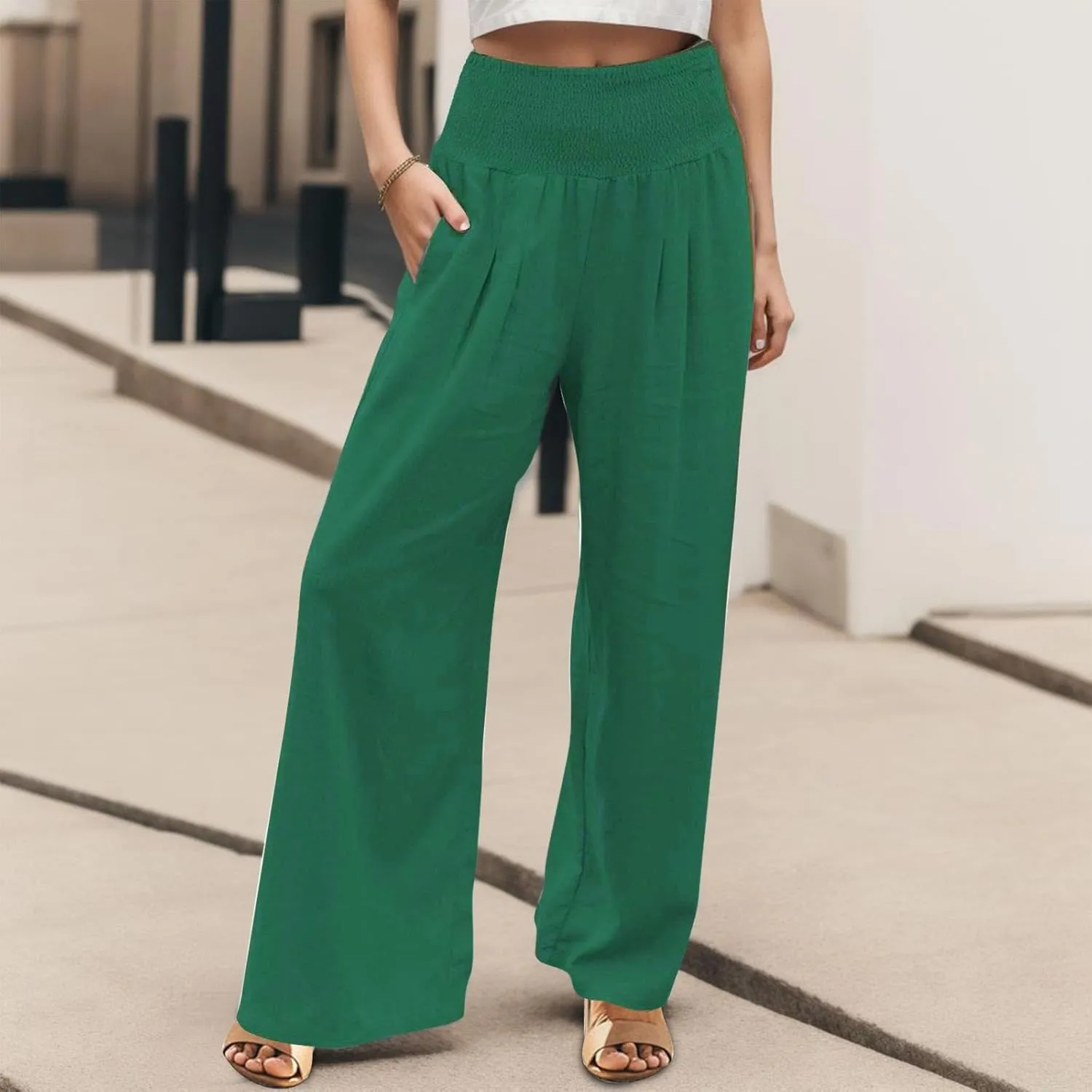 Palazzo Pants Womens Casual Linen High Waist Pants Drawstring Loose Fit Summer Pants Trousers with Side Pockets
