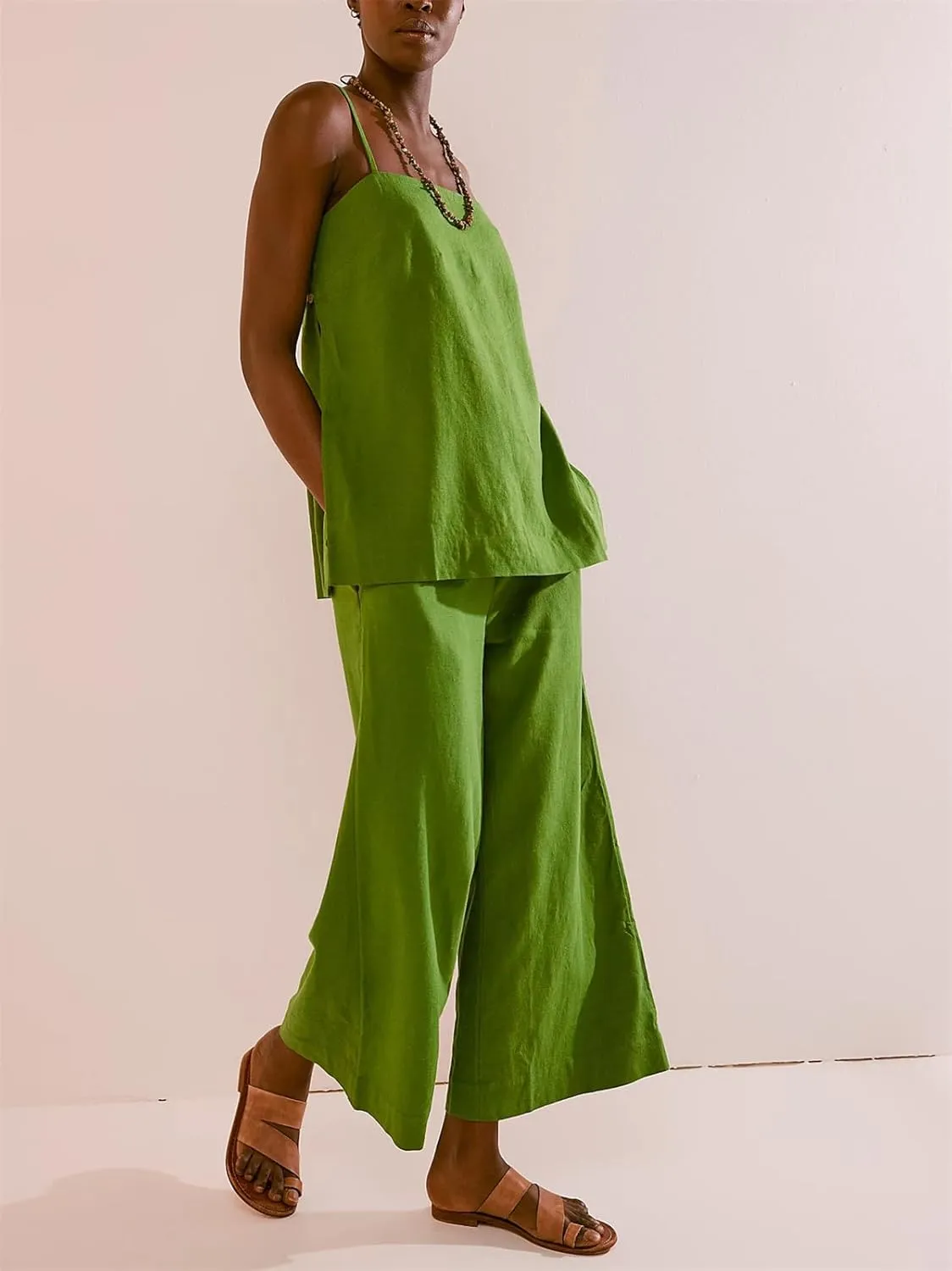 PAODIKUAI Women's 2 Piece Outfits Summer Sets Sleeveless Square Neck Tank Top Wide Leg Pants Matching Lounge Set