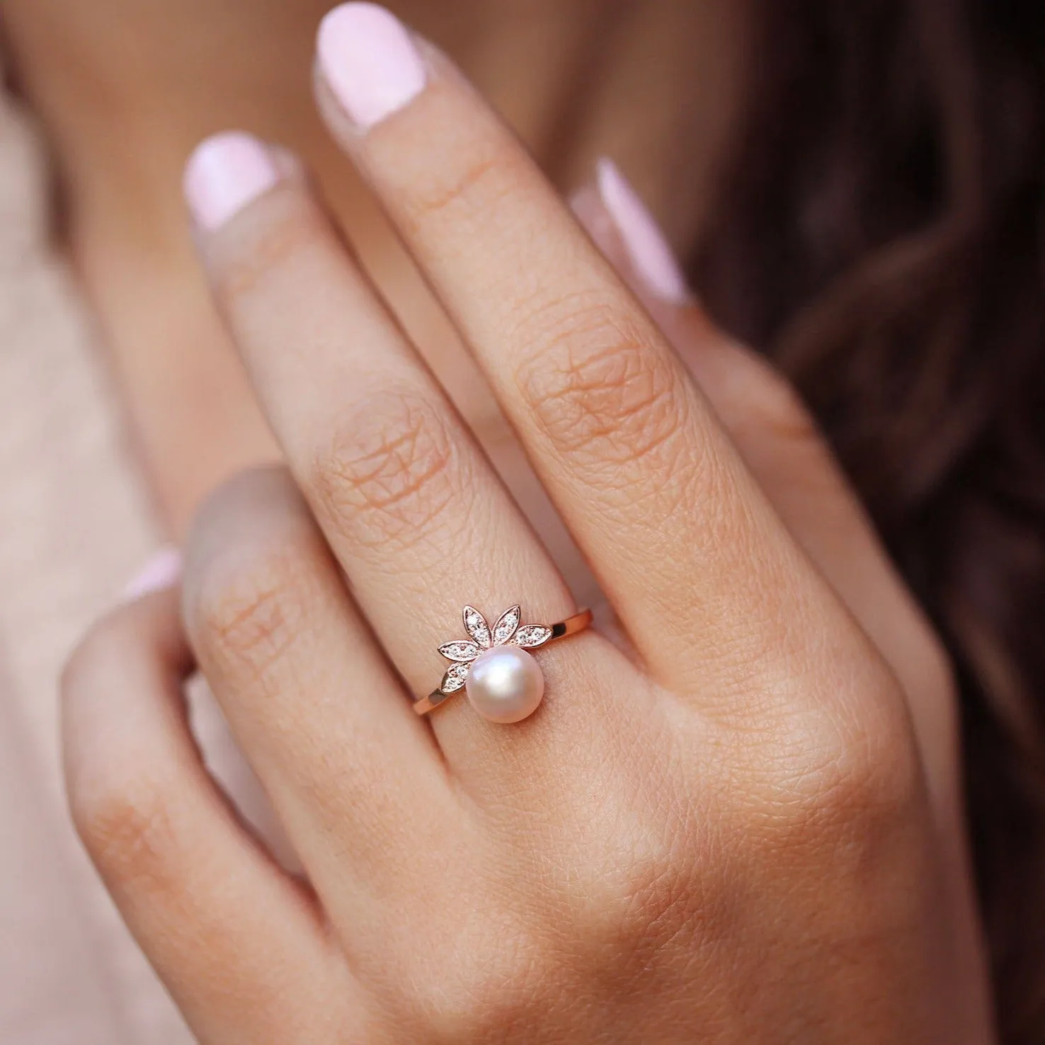 Pearl and Diamond Leaves Ring, Unique Multistone diamond ring