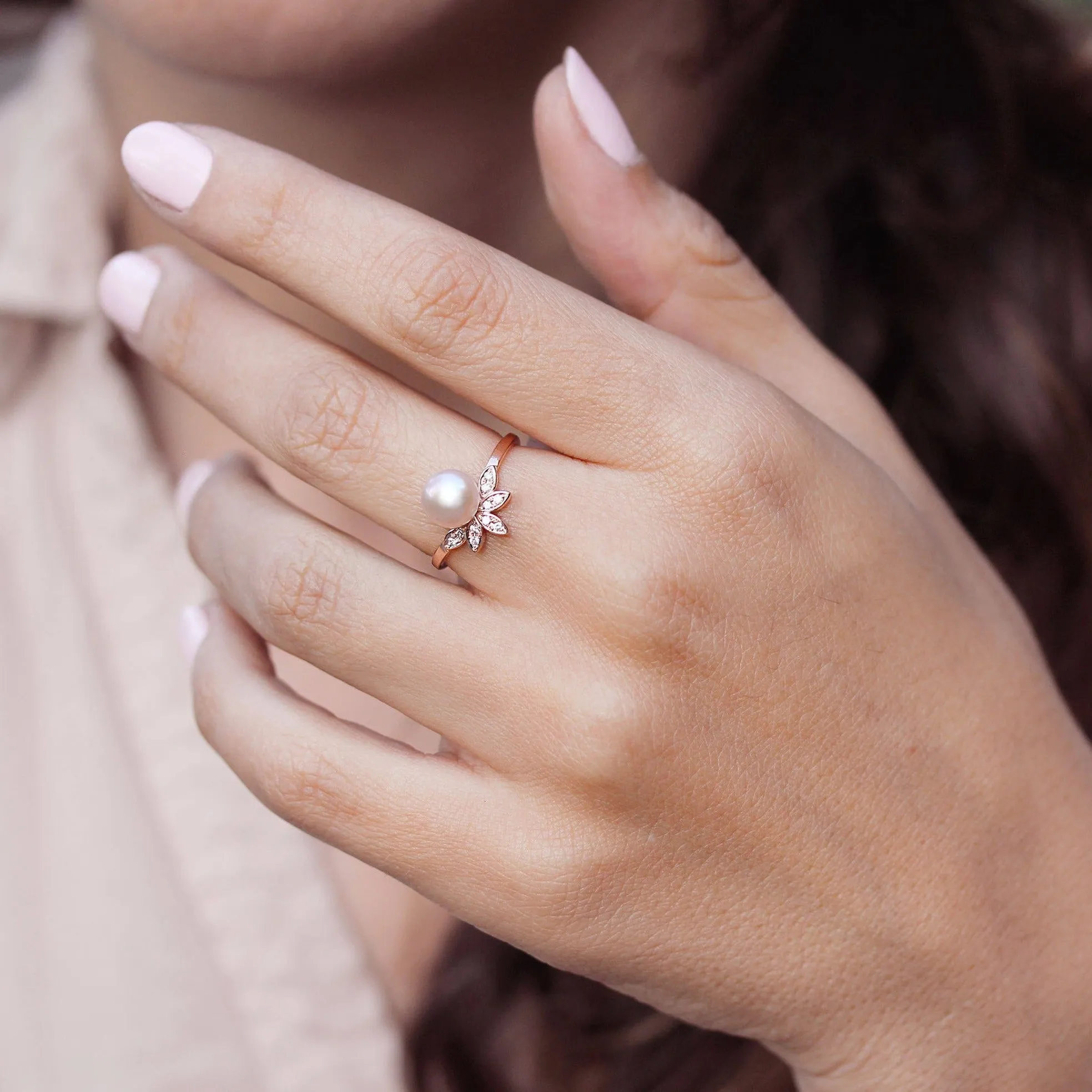 Pearl and Diamond Leaves Ring, Unique Multistone diamond ring